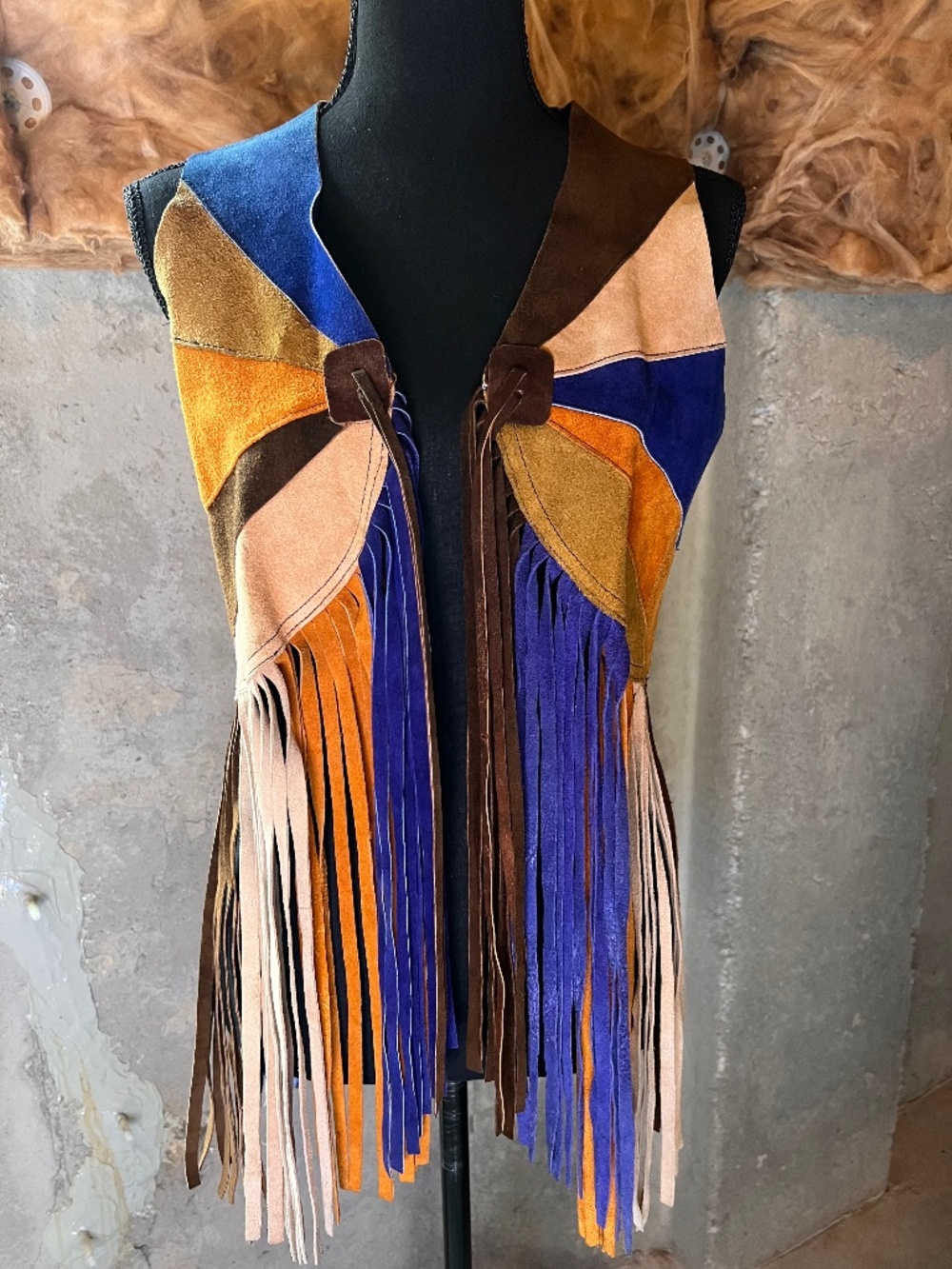 Vintage Multi-Color Patchwork Suede Fringe Vest